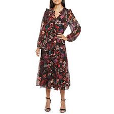 Maia Long Sleeve Floral Midi Fit Flare Dresses