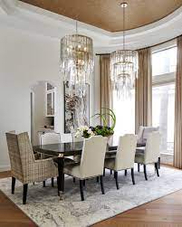 Dining Room With Two Chandeliers Metallic Cork Wallpaper Ceiling Interior Design Dining Room Dining Room Design Dining Room Wallpaper