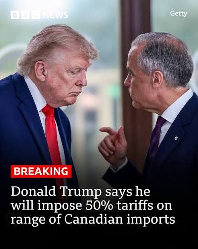 US President Donald Trump has signed an order imposing a 50% tariff on a  wide range of goods imported from Canada. Read more: https://bbc.in/4wgyEbZ