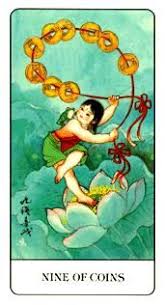 Nine Of Coins Card From The Chinese Tarot Deck Tarot Decks All Tarot Cards Tarot Card Meanings