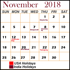 November 2018 Usa India Holidays Holiday Calendar Calendar Template November Calendar