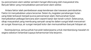 Pencemaran alam sekitar boleh diruncingkan kepada tiga perkara iaitu pencemaran udara, pencemaran air dan pencemaran bunyi. ä¼˜è¯»ç½' Startseite Facebook