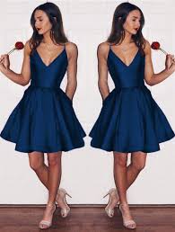 Short Satin V Neck Spaghetti Straps Prom Homecoming Dresses Short Satin Dress Navy Blue Homecoming Dress Blue Dress Short