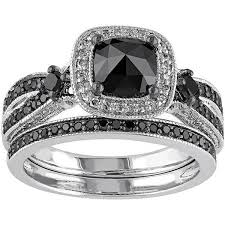 Black White Diamond Halo Engagement Ring Set In Sterling Silver 1 White Diamond Rings Engagement Halo Engagement Ring Sets Black Diamond Ring Engagement