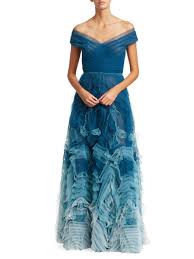 Marchesa Notte Off The Shoulder Ombre Tulle Gown In Teal Blue Lyst