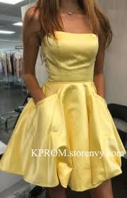 Cute Yellow Strapless Cocktail Dresses A Line Homecoming Dress With Pockets 2019 Yellow Homecoming Dresses Strapless Homecoming Dresses Strapless Cocktail Dresses