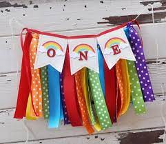 rainbow one high chair banner ribbon and fabric 1st birthday etsy in 2021 rainbow first birthday rainbow baby birthday rainbow baby birthday party
