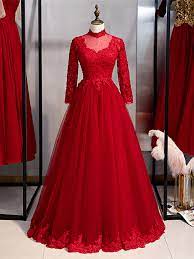 Rote hochzeitskleider online bei www.babyonlinedress.de online kaufen. A Linie Abendkleid Brautkleid Langarm Rot Tull Spitze Stehkragen Ruckenausschnitt