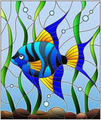 Illyustraciya V Vitrazh Stil Sinie Ryby Skalyarnyh Na Fone Vody I Vodoroslej Glass Painting Designs Stained Glass Paint Stained Glass Crafts