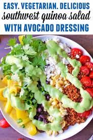 Easy Southwest Quinoa Salad With Avocado Dressing Rhubarbarians Recipe Southwest Quinoa Salad Vegetarian Salad Recipes Clean Eating Salads