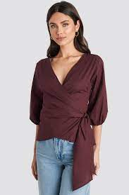 Wrap Over Balloon Sleeve Blouse Burgundy Na Kdlounge Com