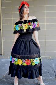 Multicolor Embroidered Off Shoulders Mexican Dress Black Lace Crochet Mexican Style Dresses Mexican Dresses Traditional Mexican Dress