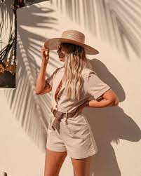 Neutrals Spring Summer Outfit Romper Safari Chic Straw Hat Safari Outfits Summer Romper Outfit Chic Romper