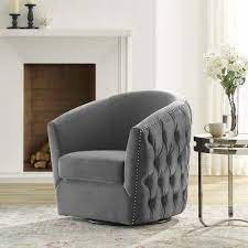 Grey Velvet Back Tufted Barrel Shaped Swivel Chair Velvet Living Room Grey Swivel Chairs Living Room Sofa Design