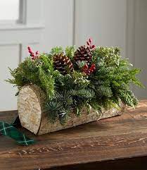 Christmas Yule Log Centerpiece Fresh Wreaths Greenery At L L Bean Christmas Table Decorations Log Centerpieces Christmas Decor Diy