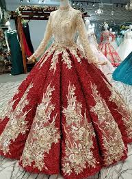Red Ball Gown Sequins Long Sleeve Appliques Floor Length Wedding Dress Red Ball Gowns Ball Gowns Gowns
