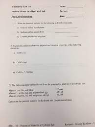Oneclass Chemistry Lab 111 Percent Water In A Hydrated Salt Pre Lah Questions Name Partner Date 1