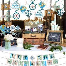 I especially love all of the cute up up and away themed treats, such as the cloud macarons, hot air balloon cookies, and airplane propeller cake pops just to name a few. Buy Travel Themed Party Decorations Set Let The Adventure Begin Banner Centerpieces Sticks And Hanging Swirls For Bon Voyage Retirement Farewell Party World Awaits Birthday Baby Shower Decorations Supplie Online In Vietnam