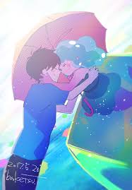 baketu onion, yoake tsugeru lu no uta, 1boy, 1girl, artist name, blue  shirt, blush stickers, brown hair, closed eyes, dated, day, hug, kai (yoake  tsugeru lu no uta), liquid hair, lu (yoake