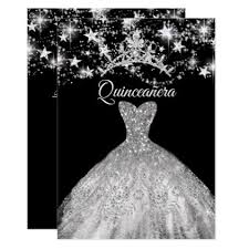 Black Silver Dress Sparkle Tiara Stars Quinceanera Invitation Zazzle Com Quinceanera Invitations Party Tiara Silver Dress
