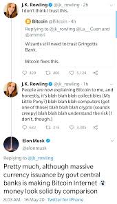 Elon musk wiped out more than $360 billion of value in bitcoin with a tweet that tesla would stop accepting the digital token for car purchases, due to the steep environmental toll of producing. Elon Musk Discusses Bitcoin With J K Rowling Cryptocurrency