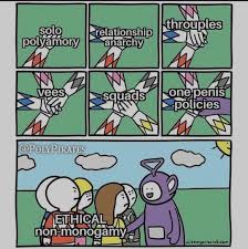 A polyamorous throuple who have three children plan to get married, open a b&b and have three more kids together. Knotty Memes