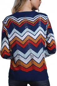 Women Color Block Zigzag Pattern Long Sleeve Pointelle Knitted Regular Pullover Sweater Beautifulhalo Com