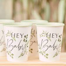 Hey Baby Botanical Cups Baby Shower Decorations Neutral Baby Shower Cups Baby Shower Napkins