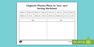 Covering, letters of the alphabet. Linguistic Phonics Phase 4c Ture Sure Sorting Worksheet