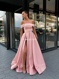 Unique Off The Shoulder Pink Satin Long Prom Dresses With Side Split Formal Party Dresses Dg9012006 Pink Formal Dresses Pink Prom Dresses Gowns Dresses