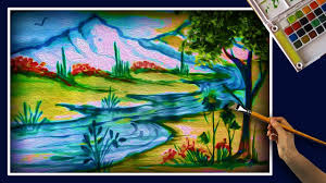 How To Draw A Mountain River Landscape Scenery With Watercolor Drawing Tutorial Speed Art Youtube