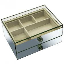 Mix your materials and showcase your trinkets in a novel way with this vintage inspired gold and glass jewellery box. By Savvy Large Mirrored Glass Jewellery Box With Linen Lining And Two Pull Out Drawers For Stacking On Other Trays In The Reflection Range By Savvy Export Worldwide