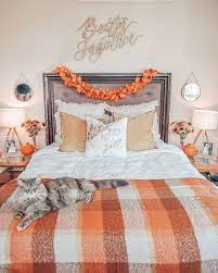 Cozy Fall Bedroom Vibes Orange Plaid Throw Blanket Leaves Fall Bedroom Decor Fall Bedroom Holiday Room Decor