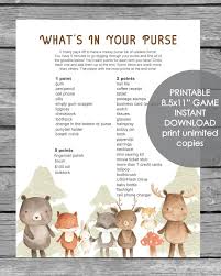 Don't want to print your own bridal shower games, use these flyers instead. Printable What S In Your Purse Baby Shower Game Woodland Animals Watercolor Print It Baby