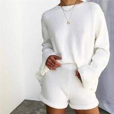 Discover the latest anotah clothing trends for women, teens & kids; White Two Piece Set Knitted Matching Set Outfit Autumn Fashion Crop Top And Shorts Set Crewneck Knit Jumpers Sweater And Shorts Cute Lounge Outfits Lounge Wear