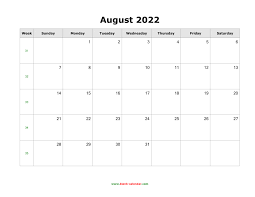 Download August 2022 Blank Calendar Horizontal
