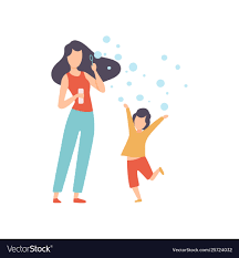 Mother blowing bubbles with her little son happy Vector Image