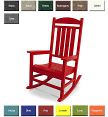 The standard by which all others are measured, the polywood presidential rocker incorporates the comfort, style and ease of maintenance you seek in polywood is waterproof, fade resistant and will not warp, crack, peel or splinter like real wood. Polywood Presidential Rocking Chair Outdoorpolyfurniture