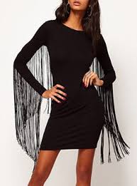 Womens Fringe Dresses Black Fringed Sleeves Women Bodycon Dress Party Dress Long Sleeve Long Sleeve Sheath Dress