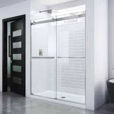 This shower enclosure with a frameless glass door incorporates some of the bathroom countertop for a shower ledge. Dreamline Essence 44 In To 48 In X 76 In Semi Frameless Sliding Shower Door In Brushed Nickel Shdr 6348760 04 The Home Depot