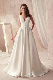 Empire A Line Backless V Neck Satin Wedding Dress 083wd Wedding Dress With Pockets Wedding Dresses Satin A Line Wedding Dress