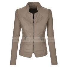 Womens Faux Leather Moto Jacket Biker Light Grey Jacket