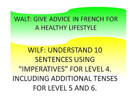The imperative is conjugated in the same way as the present tense, but the subject pronouns are omitted. Walt Give Advice In French For A Healthy Lifestyle Wilf Understand 10 Sentences Using Imperatives For Level 4 Including Additional Tenses For Level Ppt Download