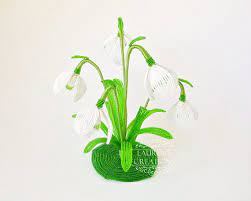 French Beaded Snowdrop Sculpture Spring Flower Home Decor Small Floral Arrangement Flower Figurine Bead Art Wire Bead Art Beaded Flowers Flower Sculptures