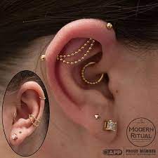 Beautiful Unique Industrial With Gold Jewelry By Bvla Piercings Helix Forwardhelix Daith All Gold Ear Jewelry Earings Piercings Piercings Unique