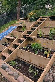 Amenager Un Jardin En Pente Raide Avec Terrasses A Cadre En Bois Sloped Garden Backyard Landscaping Backyard Landscaping Designs