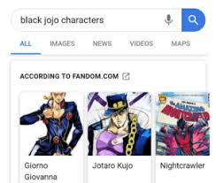 (7 p) p part 7 antagonists‎ (1 c, 36 p) s steel ball run participants‎ (21 p) pages in category list of part 7 characters the following 65 pages are in this category, out of. Black Jojo Characters Videos Images News Maps All According To Fandomcom Jotaro Kujo Nightcrawler Giorno Giovanna Thanks Krig News Meme On Me Me