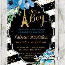 Black White Stripes Blue Floral Paris Baby Shower Invitation Personalized Cupcakemakeover Paris Baby Shower Boy Shower Themes Boy Baby Shower Themes