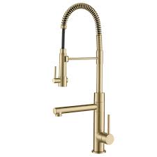 Brushed gold finish creates a rich, warm look that plays well against cool and neutral tones. Commercial Style Pre Rinse Kitchen Faucet In Brushed Gold