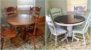 Before And After Round Oak Table Makeover Redo Upcycled Dining Table And Chairs Stained T Dining Table Makeover Dining Room Table Makeover Round Dining Room